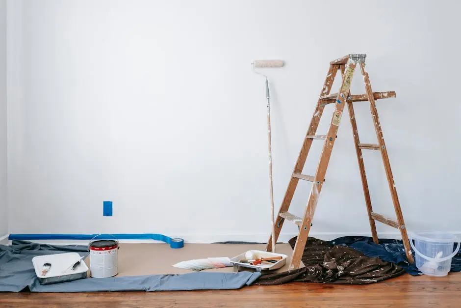 Brown Wooden Ladder Beside Painting Materials