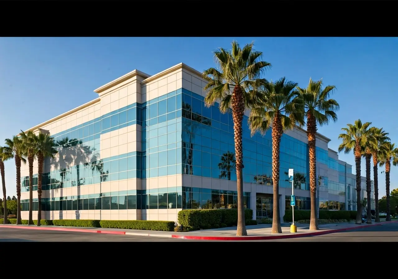 A modern office building with palm trees in Orange County. 35mm stock photo