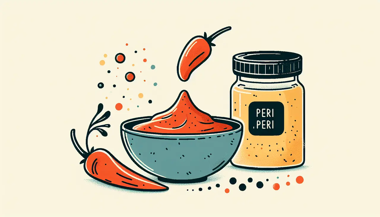 Draw a graphic in flat design style. A minimalist flat design image of a bowl of peri peri dip next to a jar with a sealed lid, with simple garnish elements.