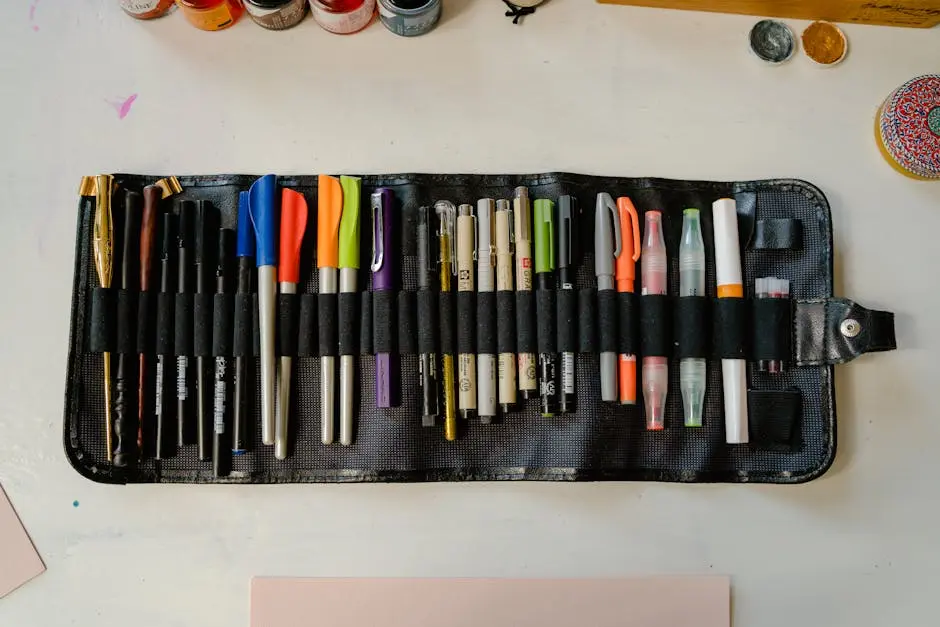 Flat lay of various art pens and supplies on a desk, perfect for creative projects.