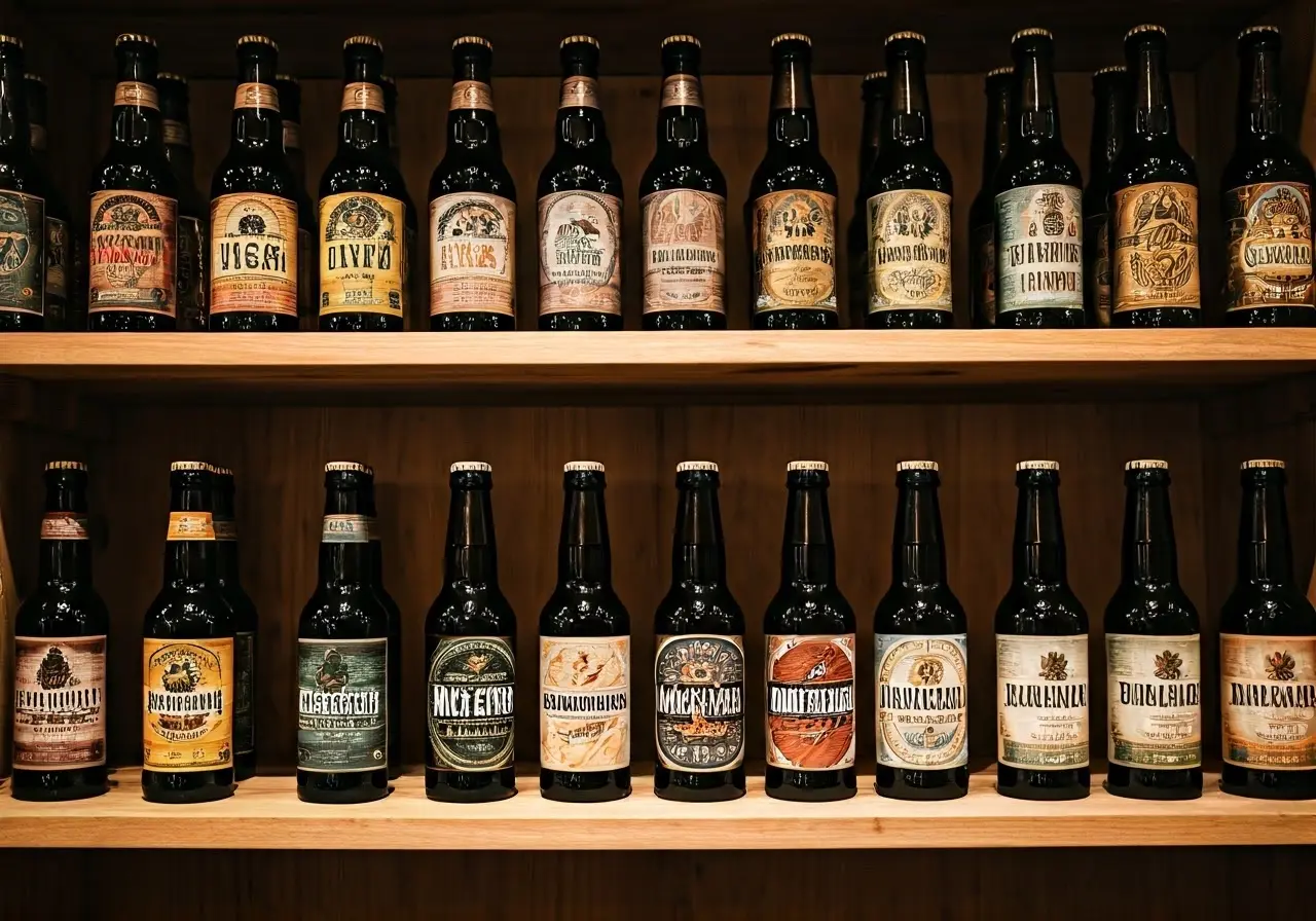 Rows of colorful, labeled artisanal beer bottles on wooden shelves. 35mm stock photo