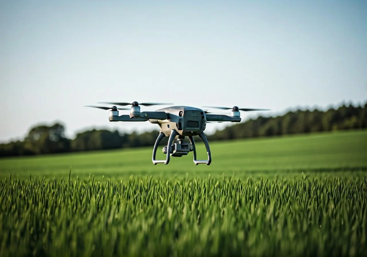 A drone flying over a lush, green agricultural field. 35mm stock photo