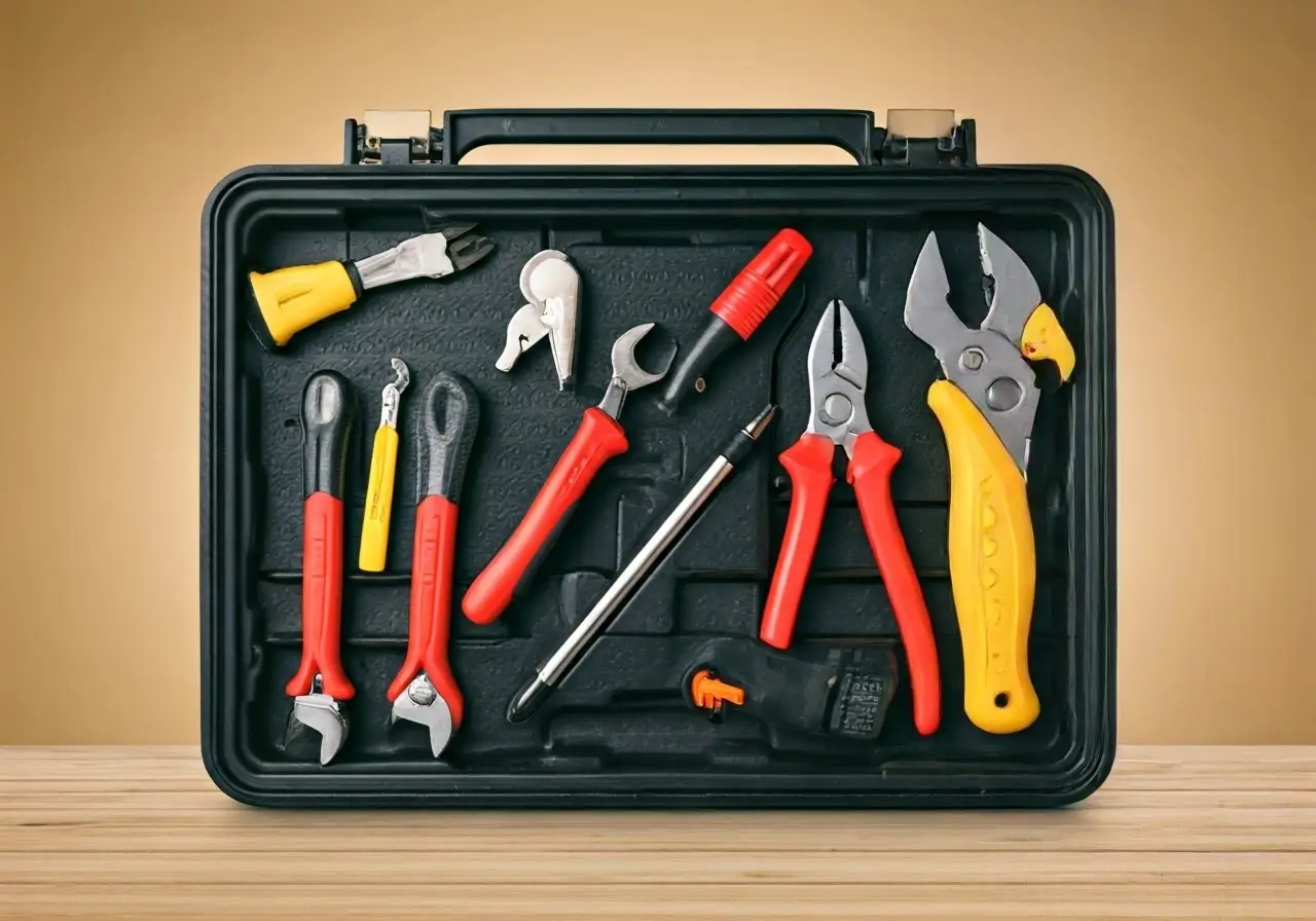 A toolbox with various home repair tools inside. 35mm stock photo