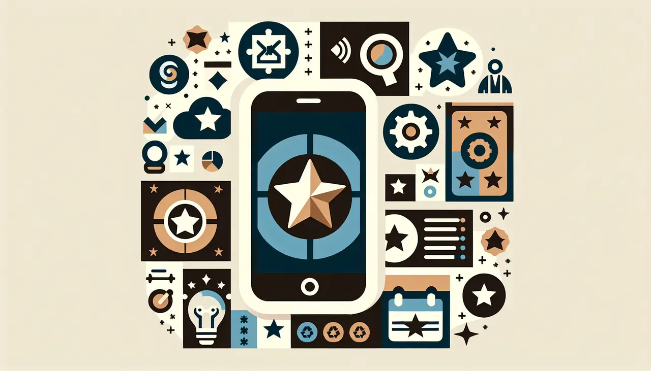 Draw a graphic in flat design style. A smartphone displaying a star-shaped trophy on the screen, surrounded by simple icons representing innovation, user feedback, and updates.