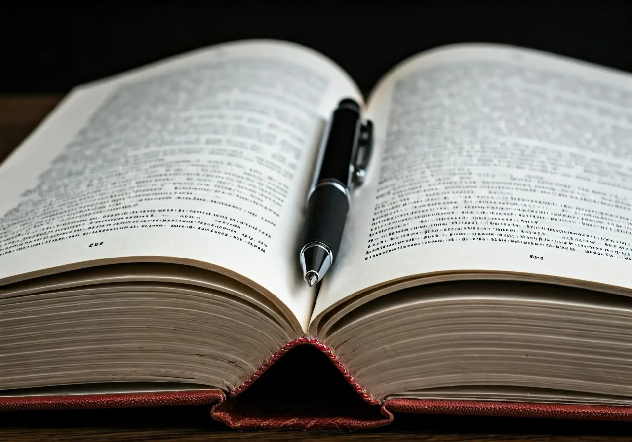 A pen resting on an open academic book. 35mm stock photo