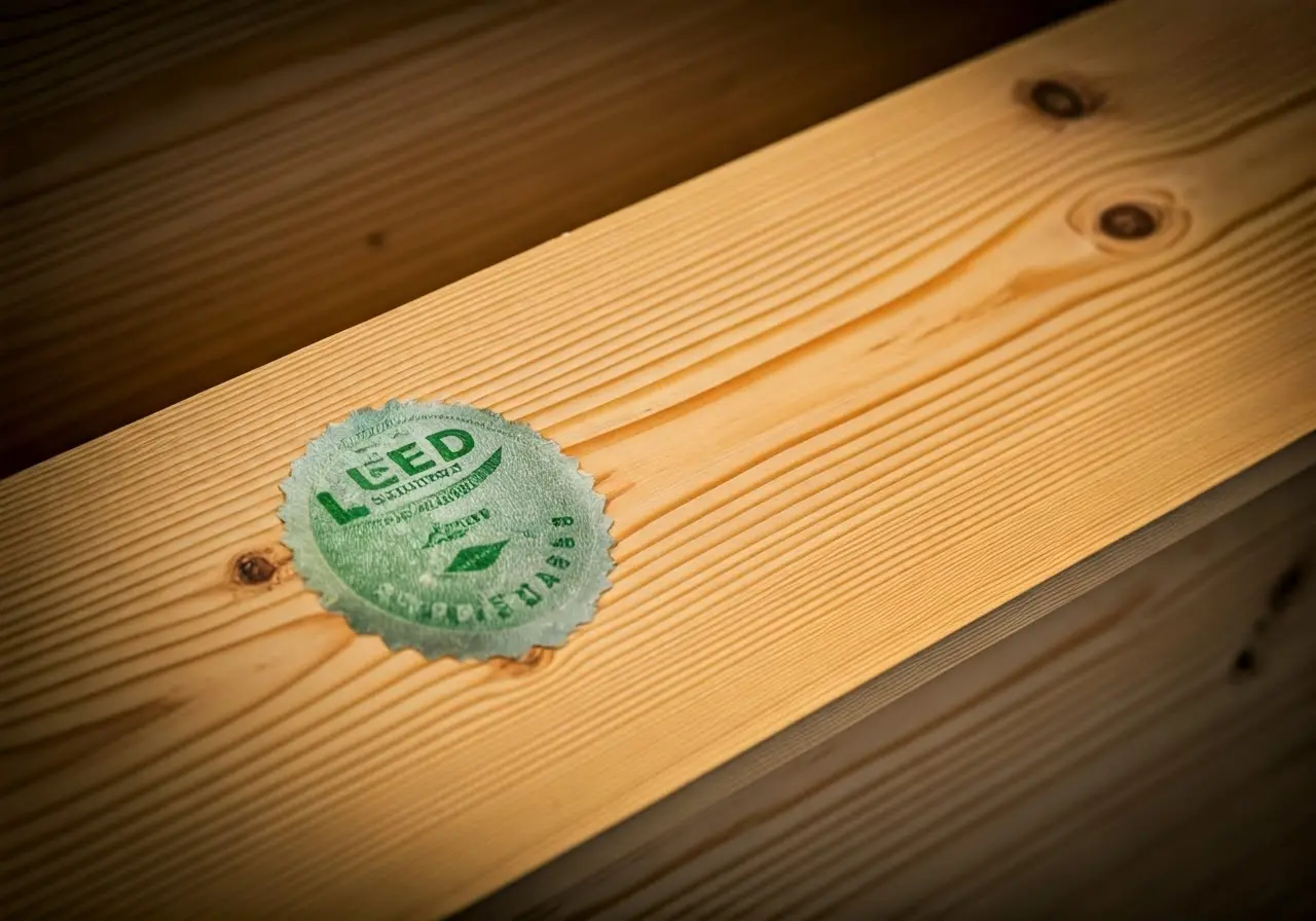 A close-up of LEED-certified wood with an eco-conscious label. 35mm stock photo