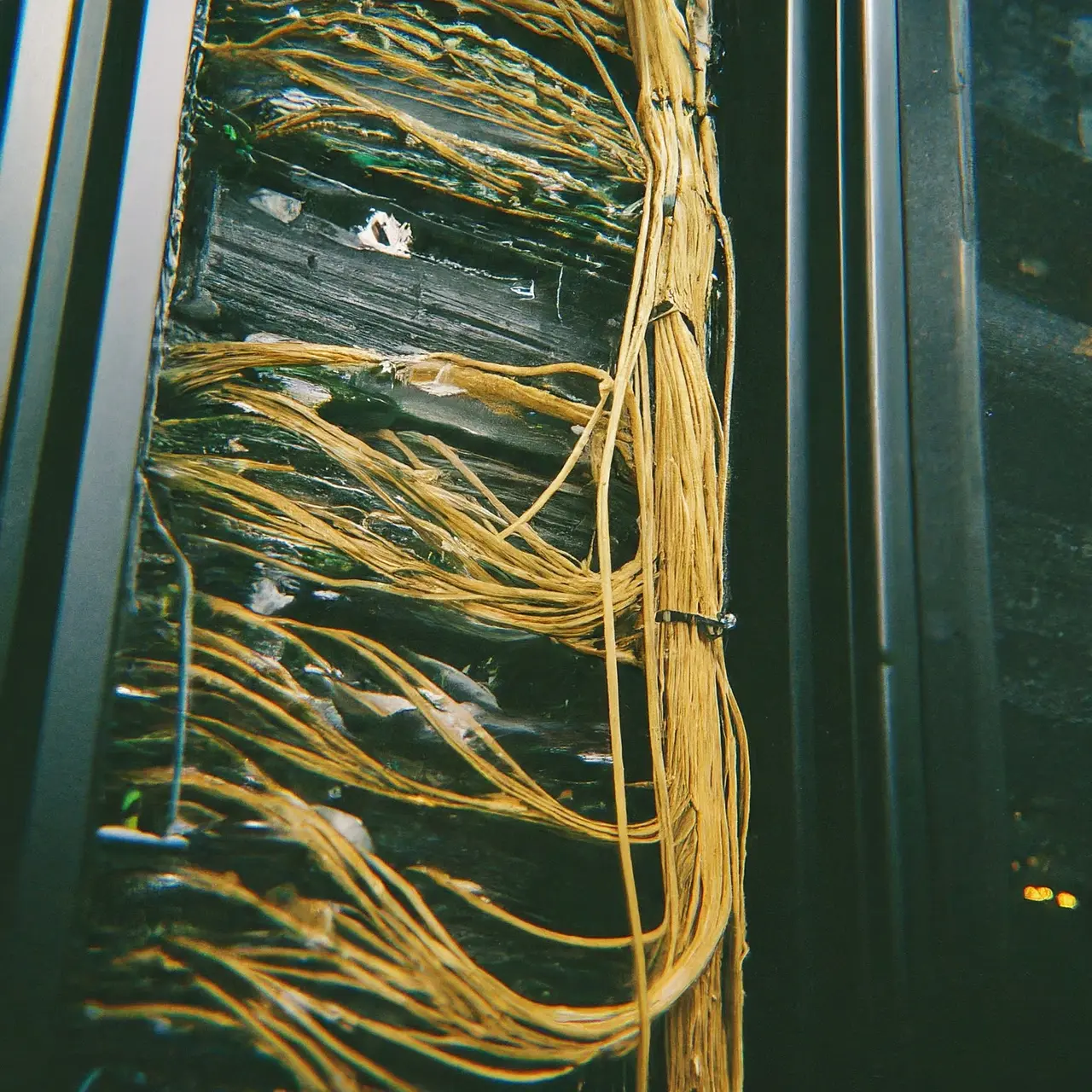 A busy server room with glowing lights and cables. 35mm stock photo