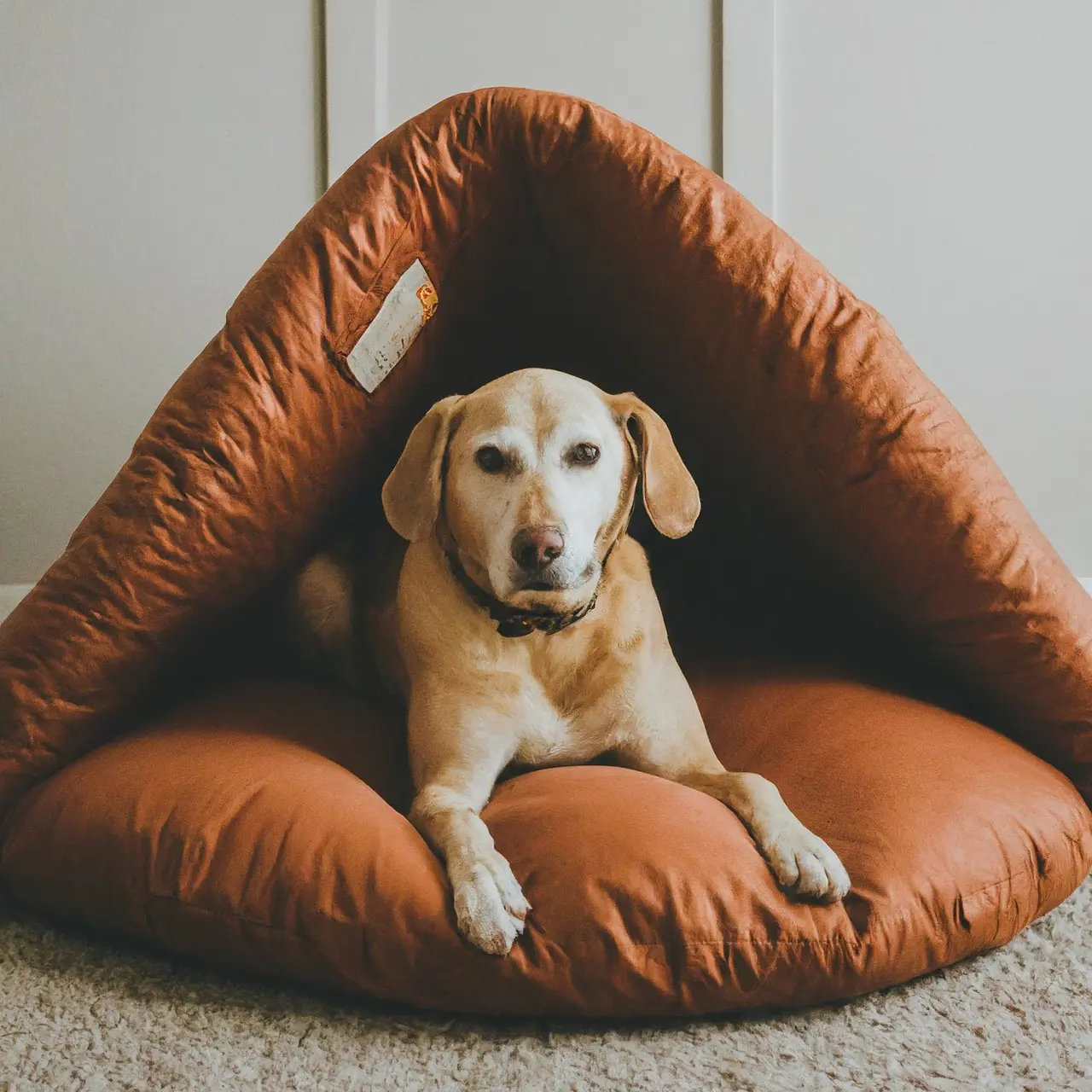 A dog lounging on a plush, premium dog bed. 35mm stock photo