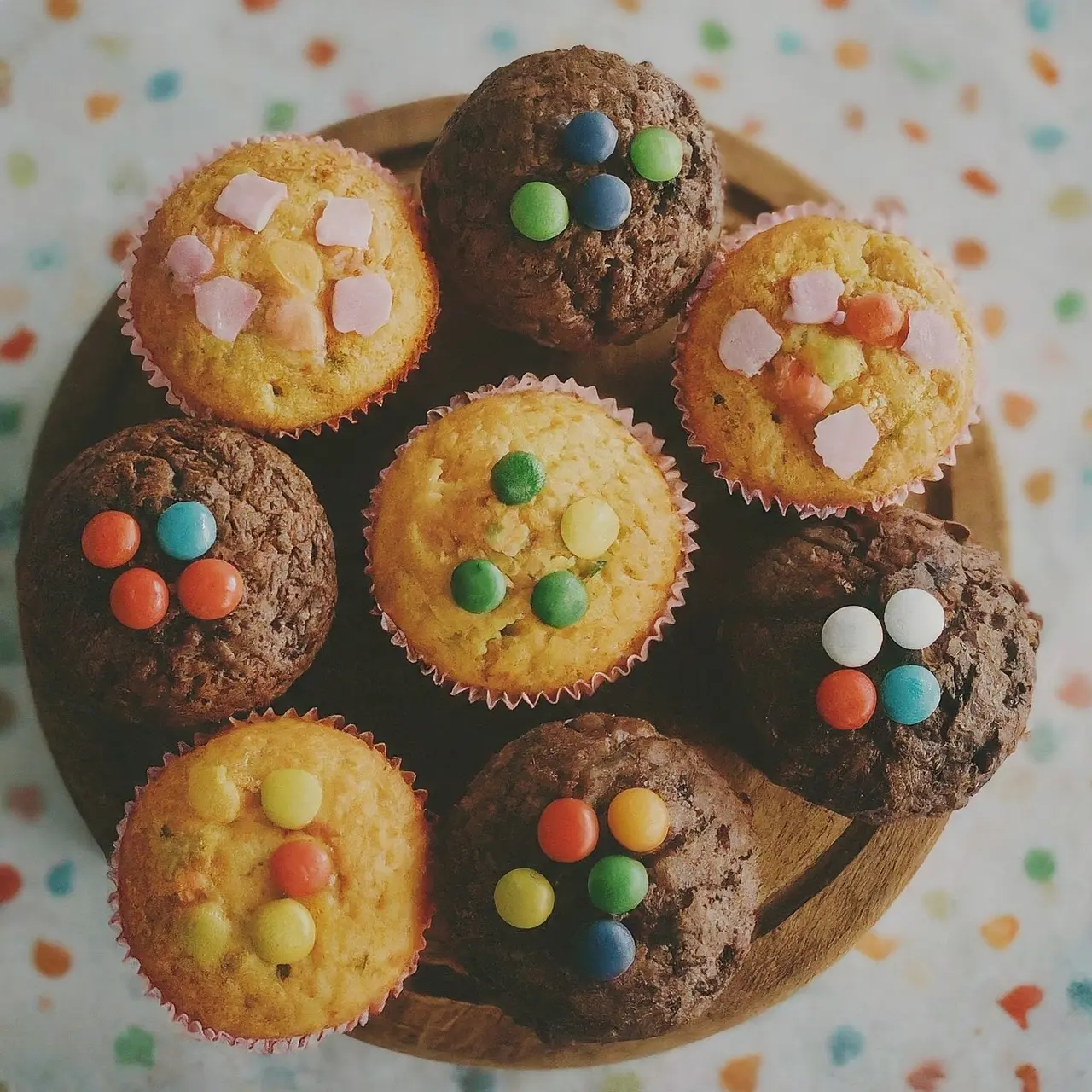 Colorful muffins decorated with edible toppers. 35mm stock photo