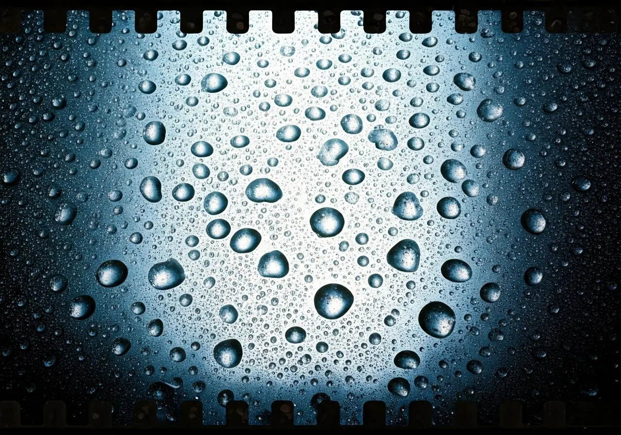 Close-up of water droplets on a metal roof surface. 35mm stock photo