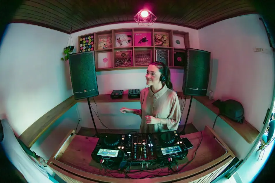 Woman DJ mixes tracks in a cozy studio in Brazil, surrounded by music equipment.