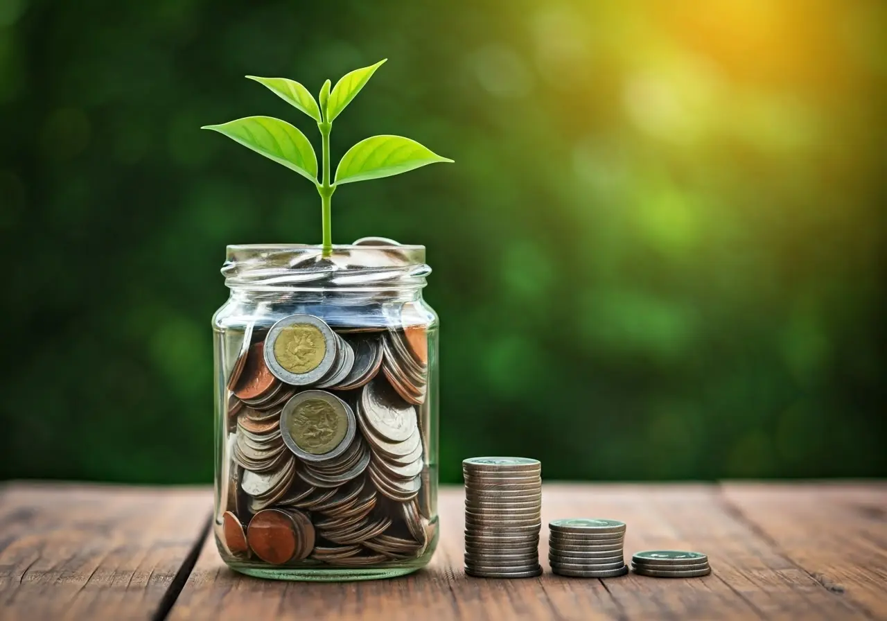 A growing plant in a glass jar filled with coins. 35mm stock photo