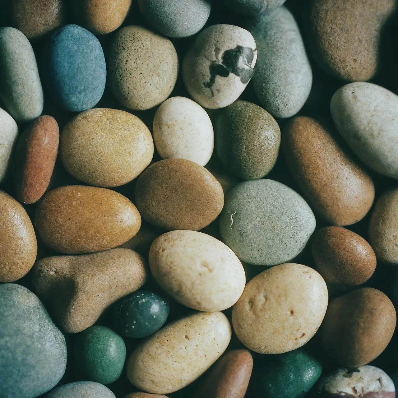 A close-up of assorted colorful decorative pebbles. 35mm stock photo