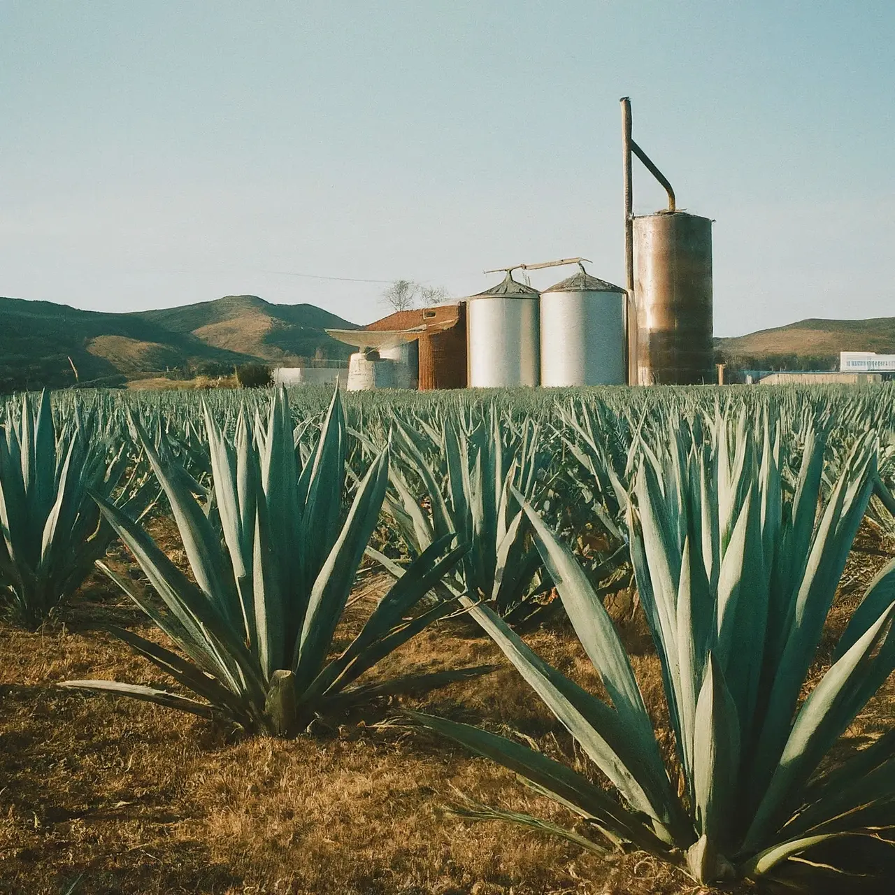 Agave plants in a field with a distillery in background. 35mm stock photo