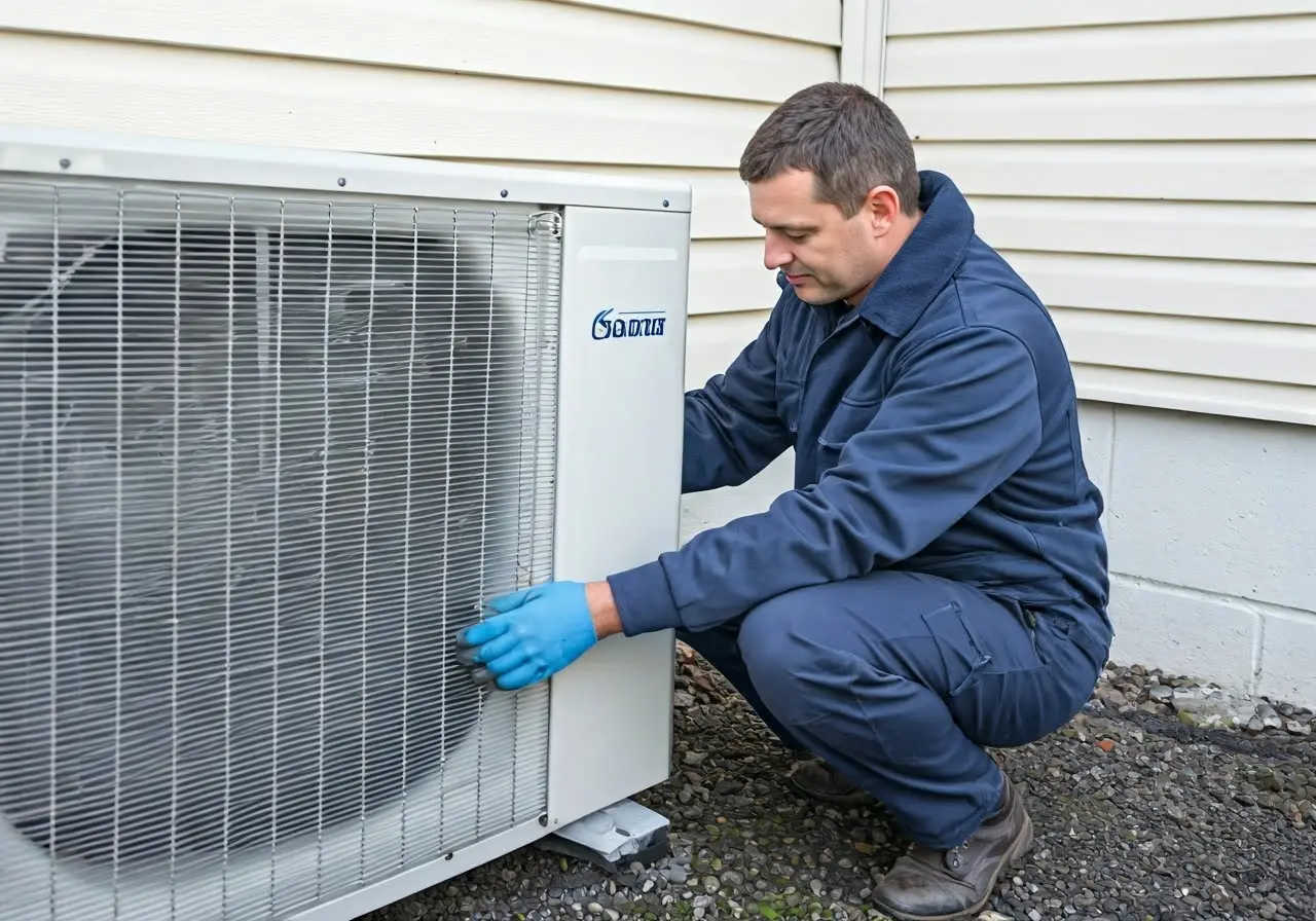 A technician installs a heat pump outside a house. 35mm stock photo