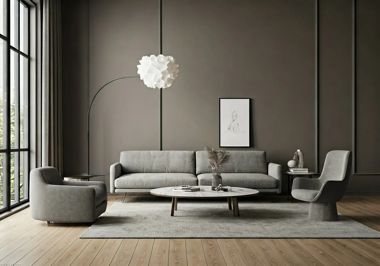 Minimalist living room with sleek furniture and neutral colors. 35mm stock photo