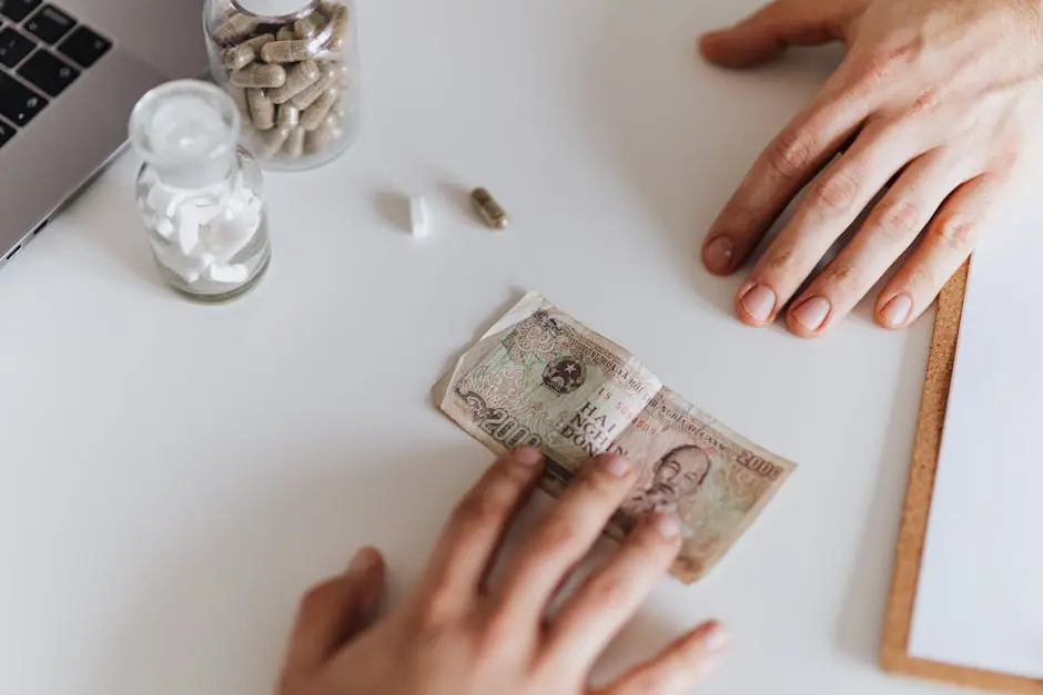 Conceptual photo showing hands exchanging medicine and currency on a desk.