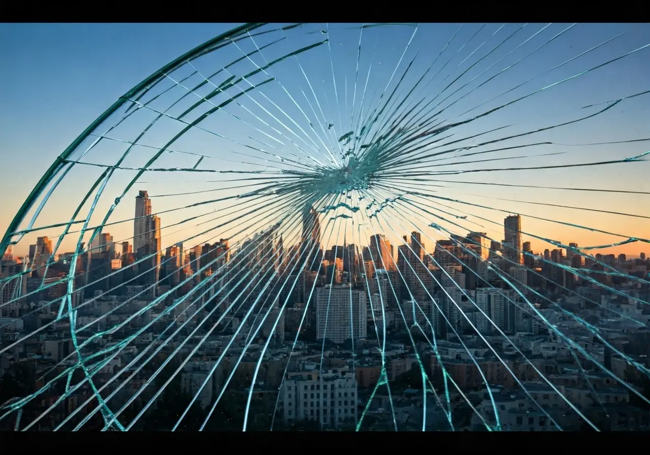 A cracked windshield with a cityscape visible in the background. 35mm stock photo