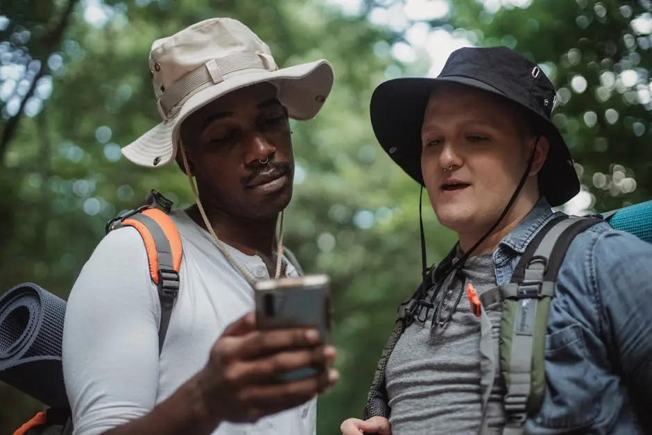 Young multiethnic hikers with backpacks watching cellphone against trees while spending time together on weekend