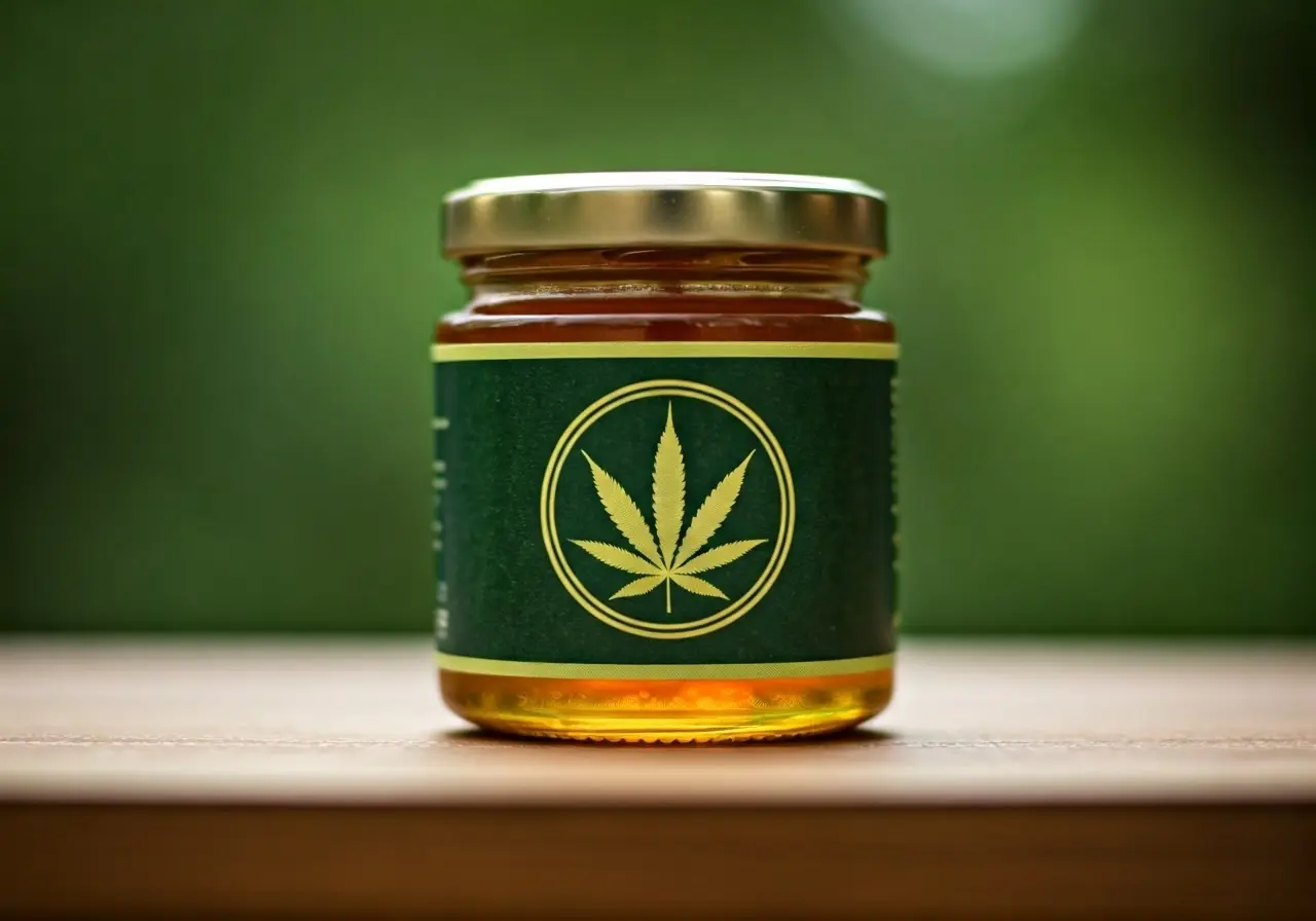 A jar of honey with a cannabis leaf emblem. 35mm stock photo