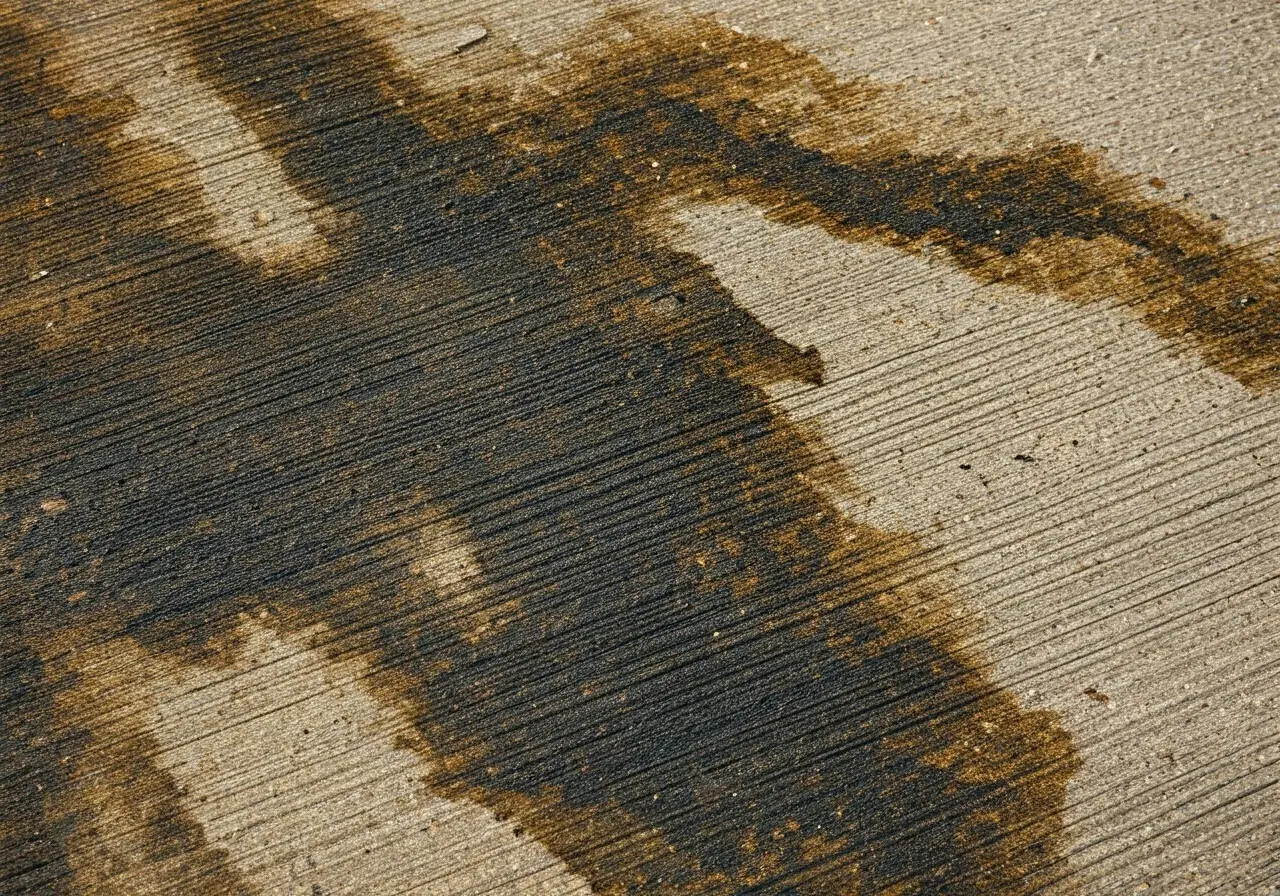 A close-up of grease stains on a cement driveway. 35mm stock photo