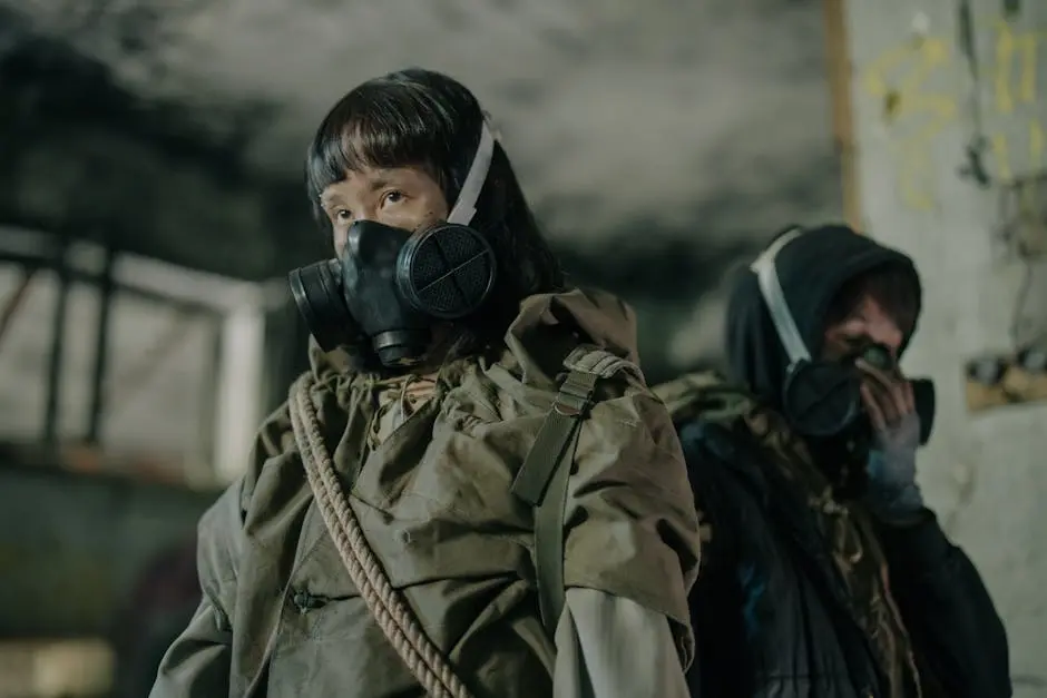 Man and woman in gas masks amidst a dystopian post-apocalyptic urban setting.