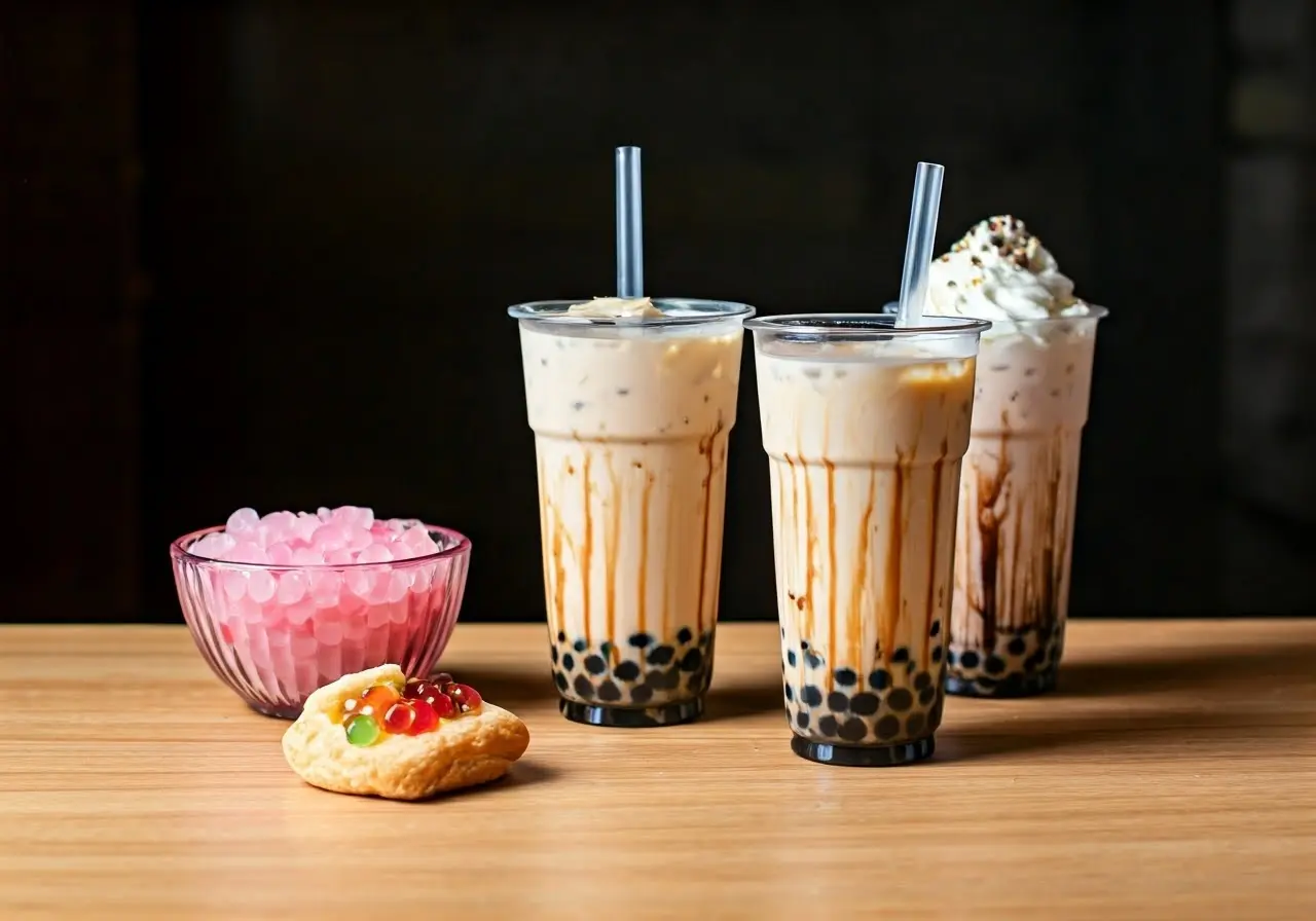 Boba milk tea with assorted colorful desserts on a table. 35mm stock photo