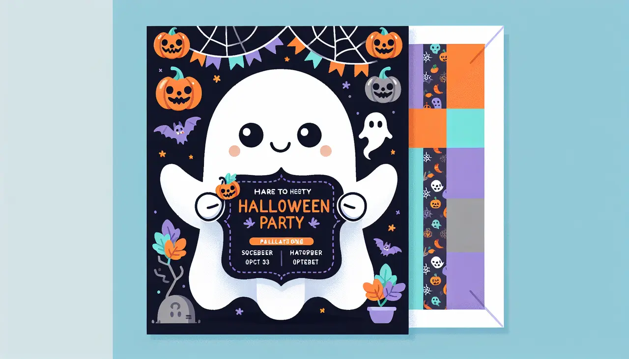 Draw a graphic in flat design style. A flat design illustration of a ghost holding a spooky Halloween party invitation.