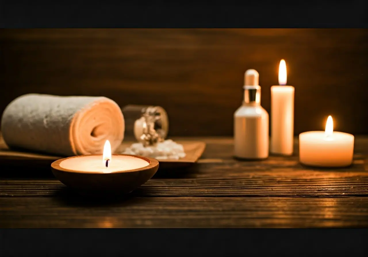 A serene spa setting with candles and skincare products. 35mm stock photo