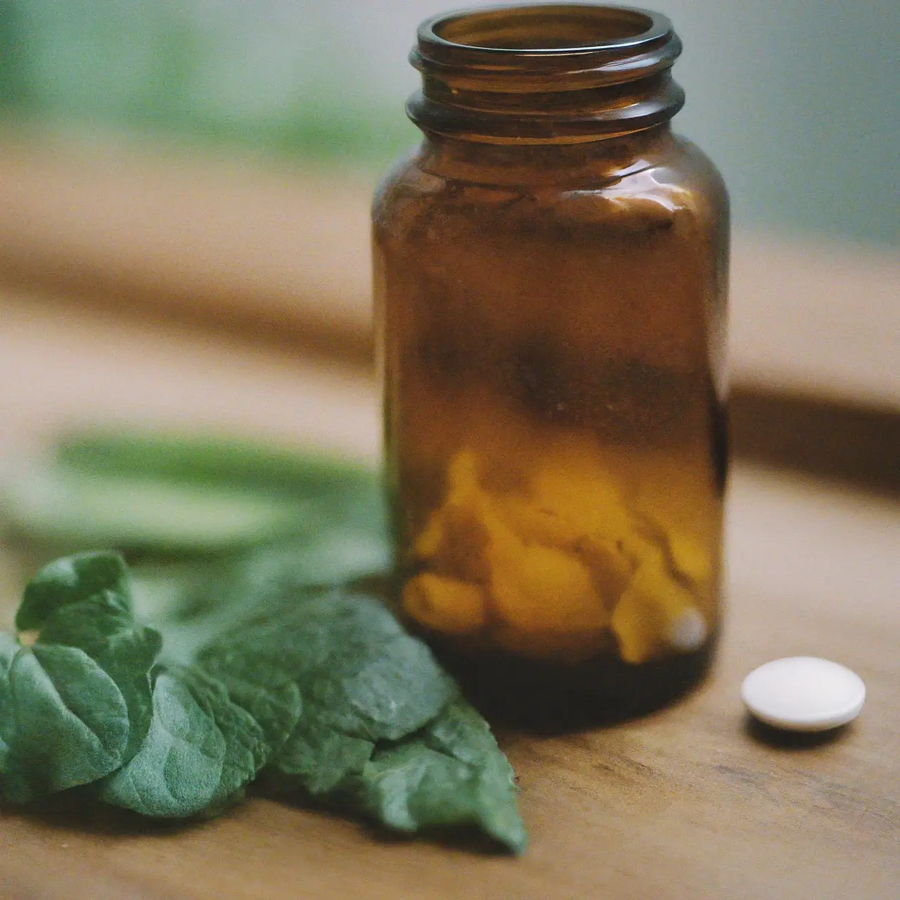Pill bottles and herbal leaves on a wooden surface. 35mm stock photo