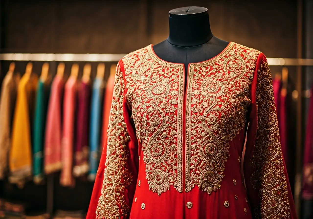 A mannequin displays an intricately embroidered dress in a boutique. 35mm stock photo