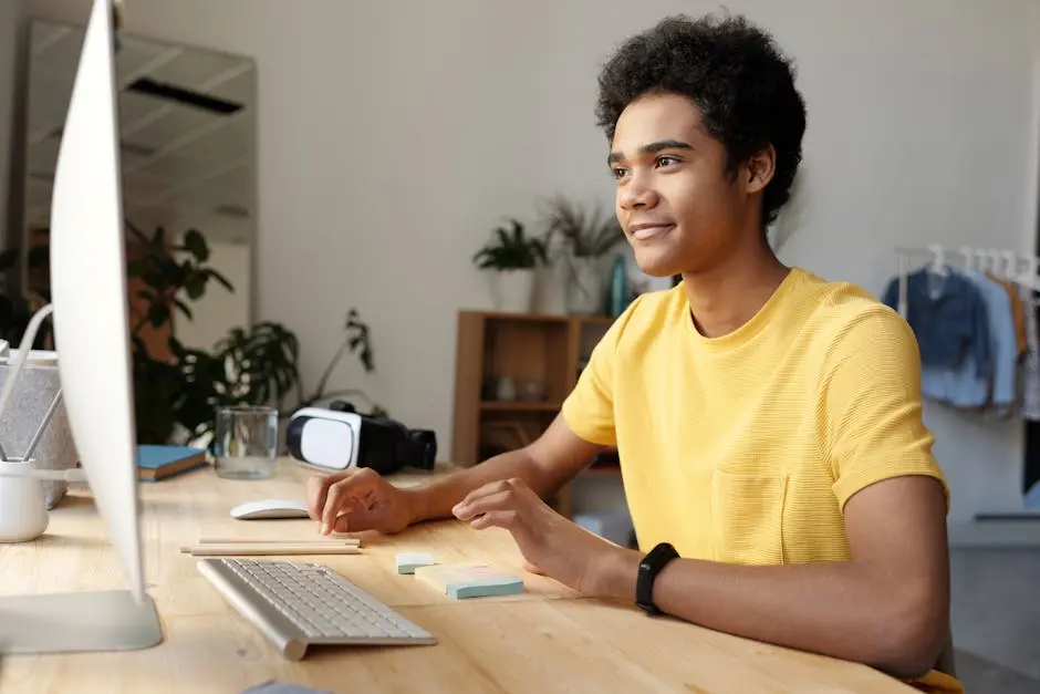 Teenager smiling while studying online at home. Modern education setup with computer and VR headset.