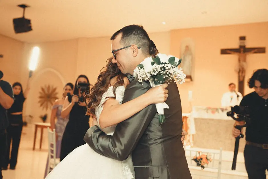 Husband and Wife Embracing after the Wedding