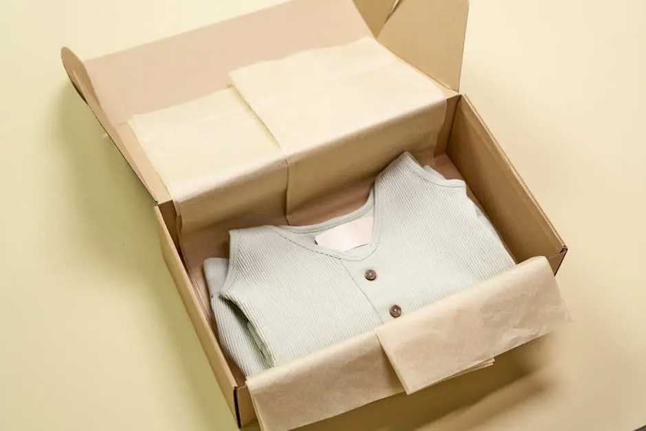 Sustainable wardrobe piece neatly packed in recyclable materials for an eco-conscious lifestyle.