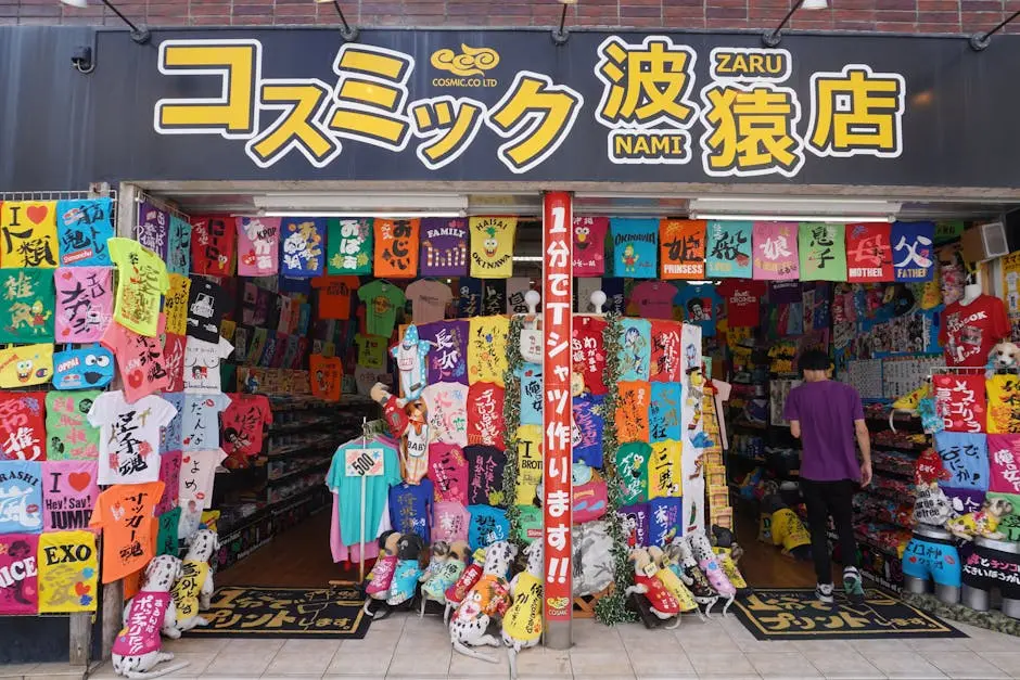 Colorful T-shirt display in a vibrant urban Japanese clothing store entrance.