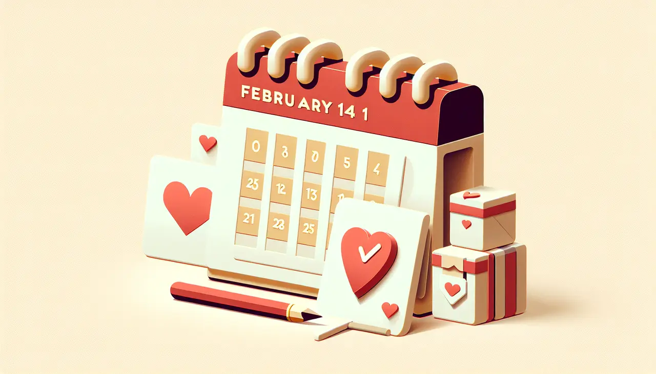 Draw a graphic in flat design style. A flat design calendar with a heart on February 14th and a stack of valentine cards beside it.