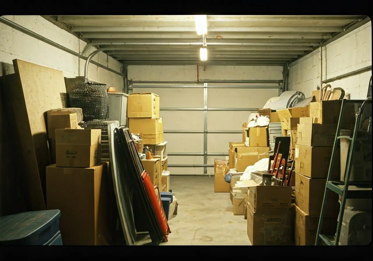 A cluttered garage full of assorted household items and boxes. 35mm stock photo