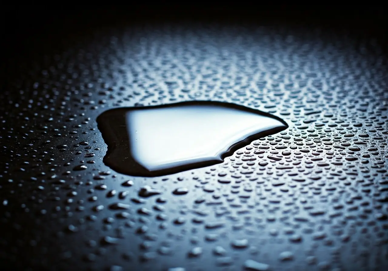 Water droplets forming a puddle on a kitchen floor. 35mm stock photo