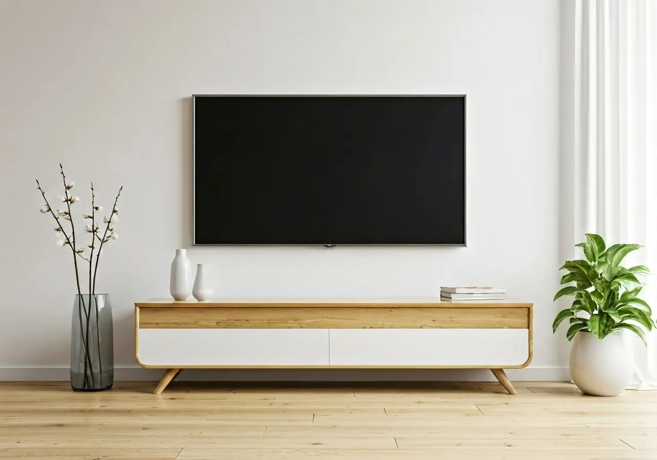 A neatly mounted TV on a modern living room wall. 35mm stock photo