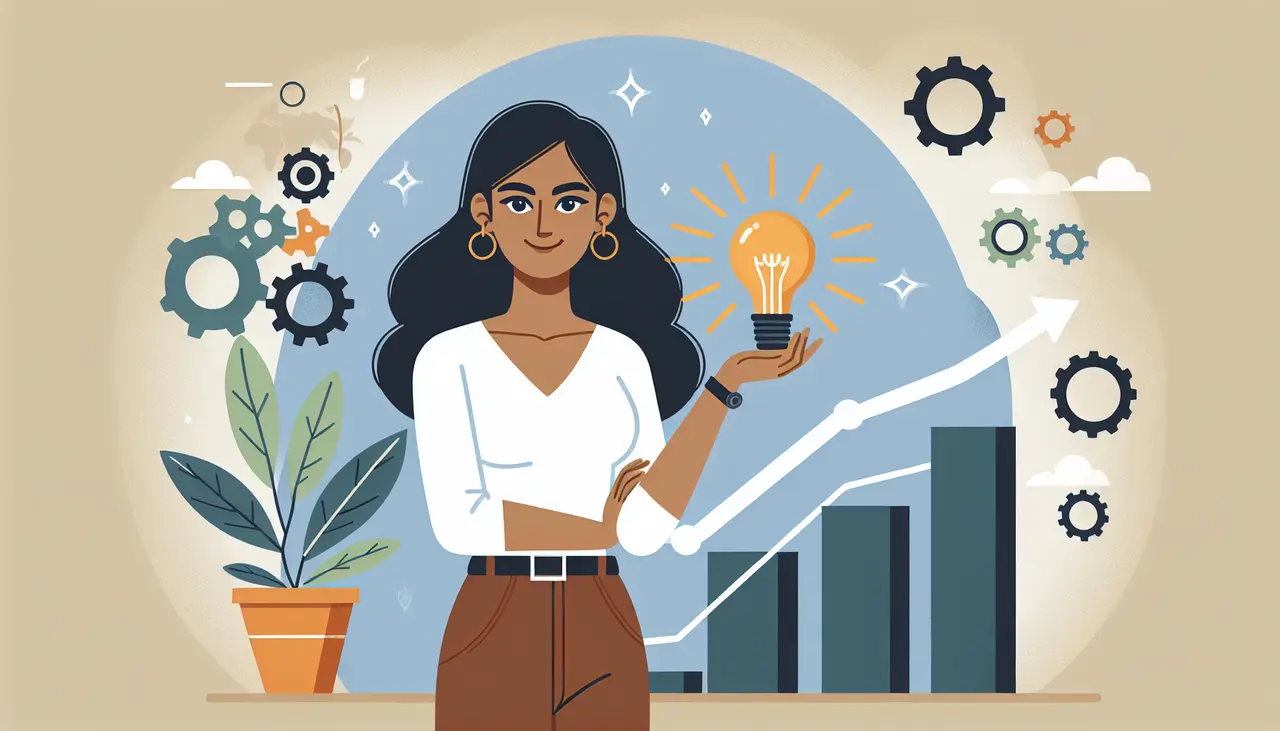 Draw a graphic in flat design style. A confident woman entrepreneur holding a lightbulb and a bar graph, symbolizing ideas and growth, with minimalist elements like gears and a plant in the background.