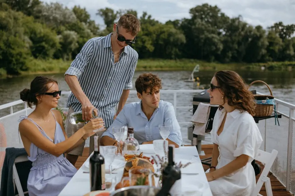 Four friends enjoying a scenic boat dinner party on a sunny day.