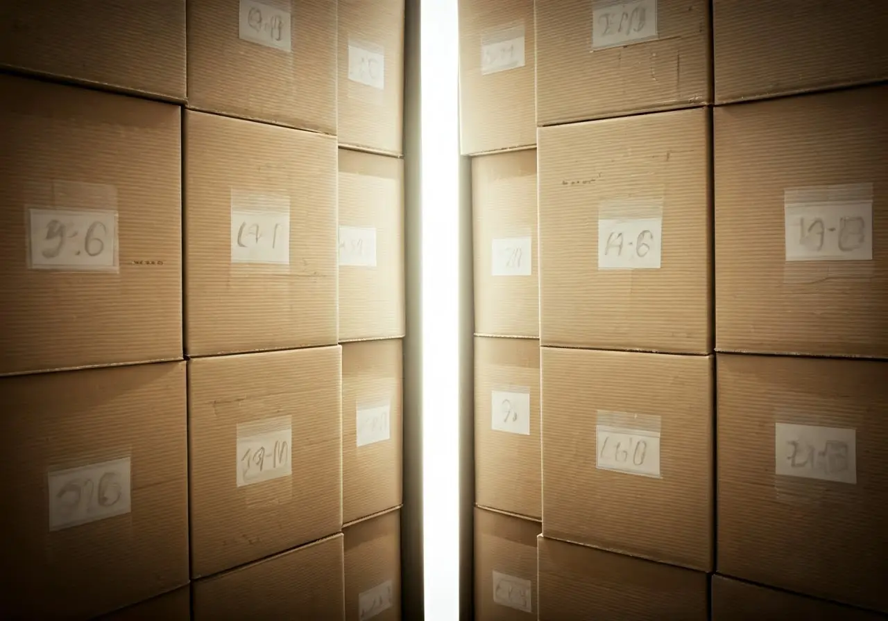 A neatly organized storage unit filled with labeled boxes. 35mm stock photo