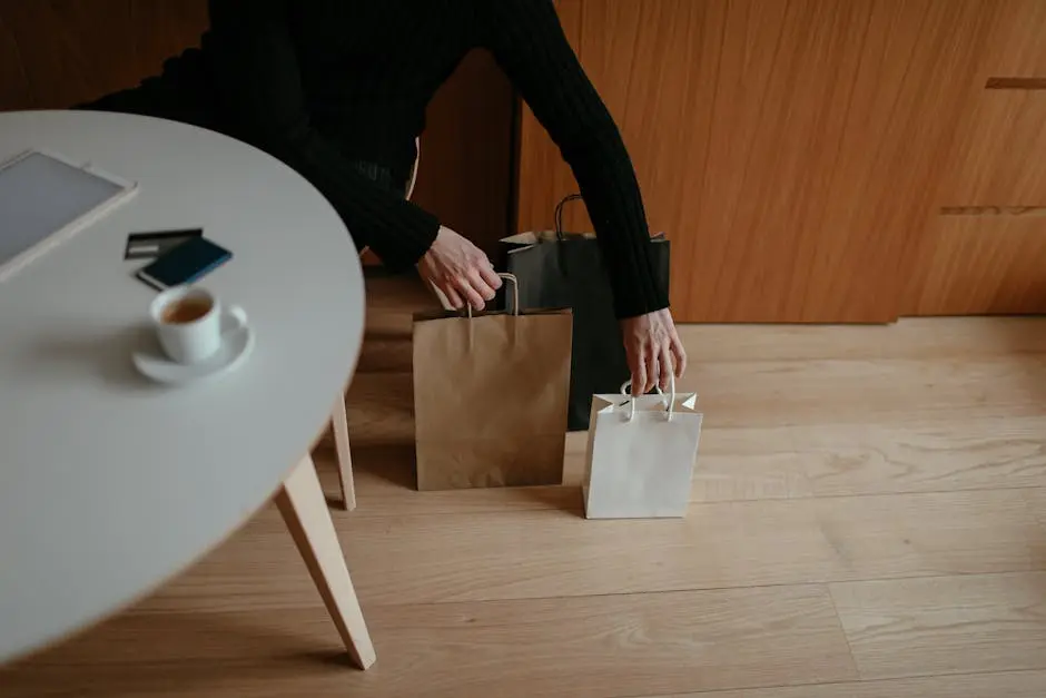 From above of crop unrecognizable male shopaholic in casual clothes sitting at table with tablet and coffee and putting paper bags on floor after shopping