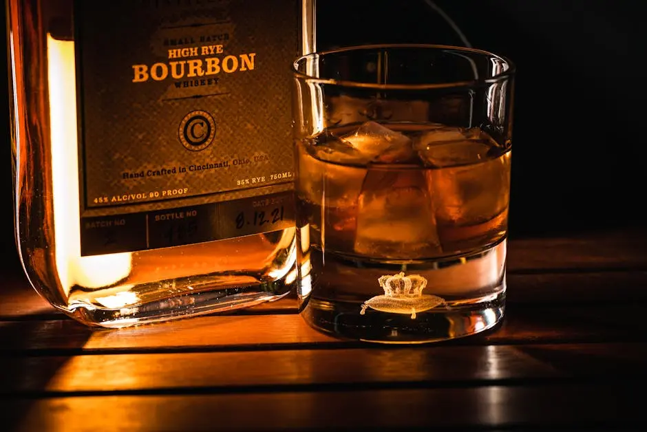 Moody close-up of bourbon bottle and glass with ice on a wooden surface.