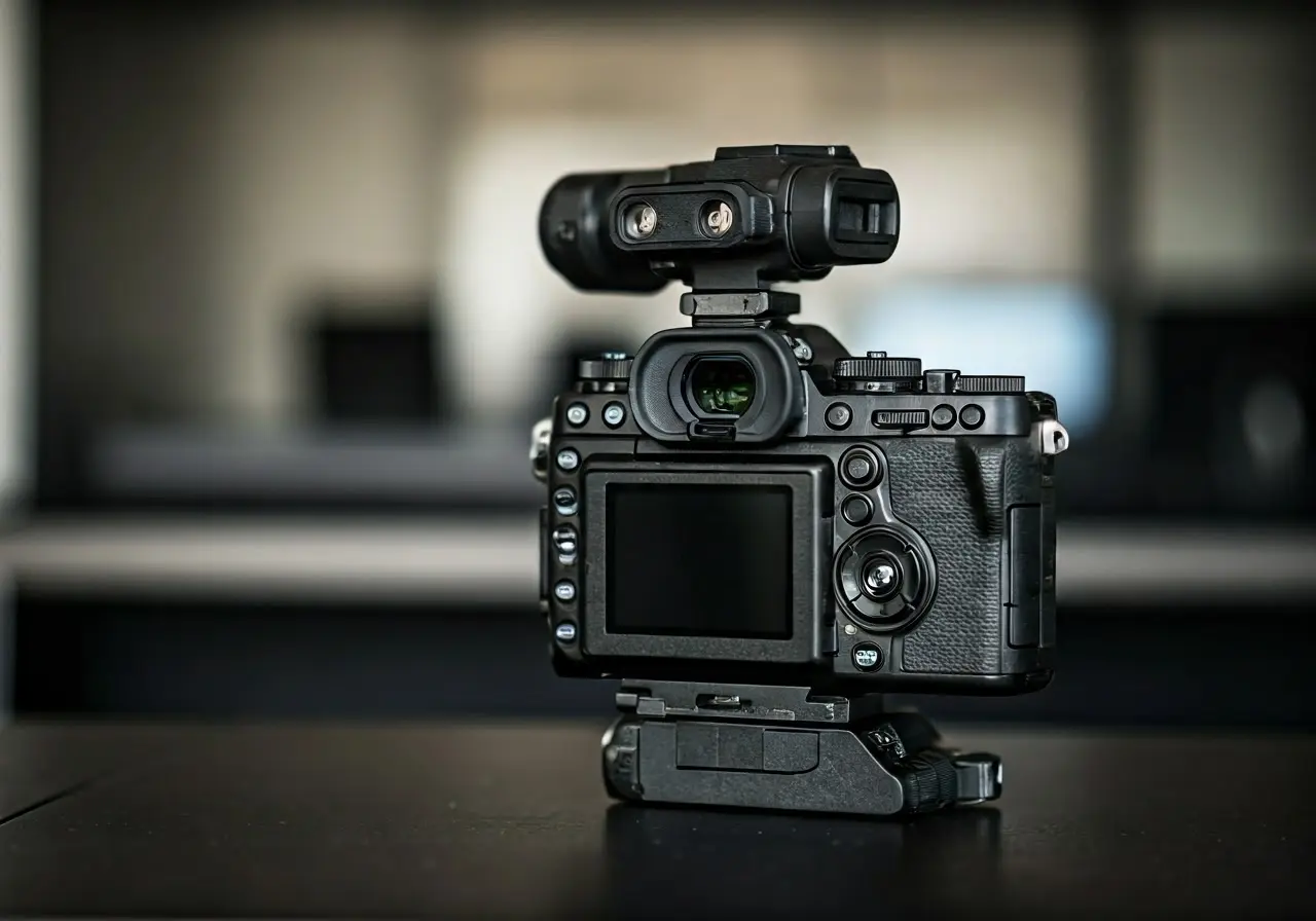 A sleek camera filming a corporate office setting. 35mm stock photo