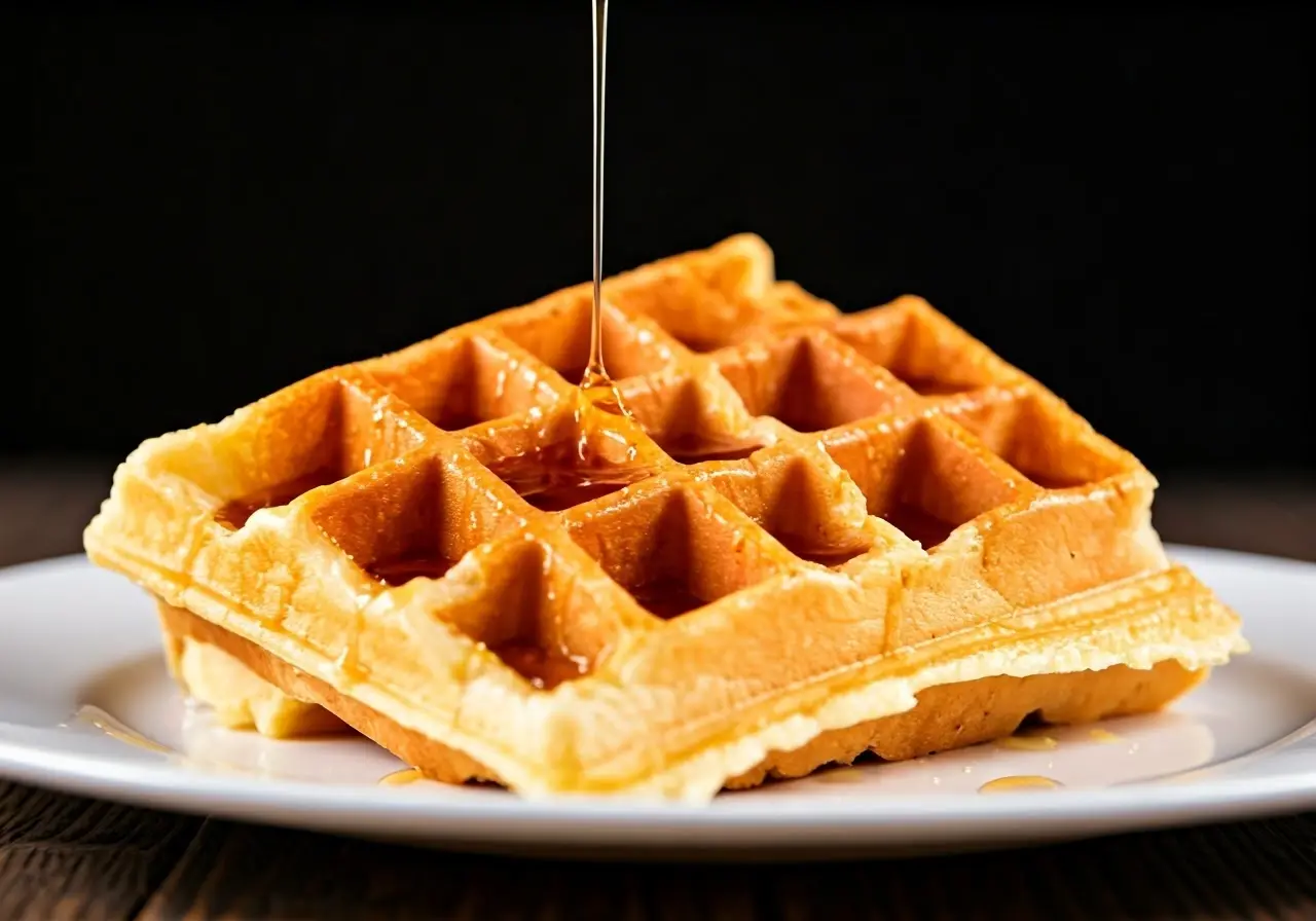 Close-up of a delicious artisan waffle drizzled with syrup. 35mm stock photo