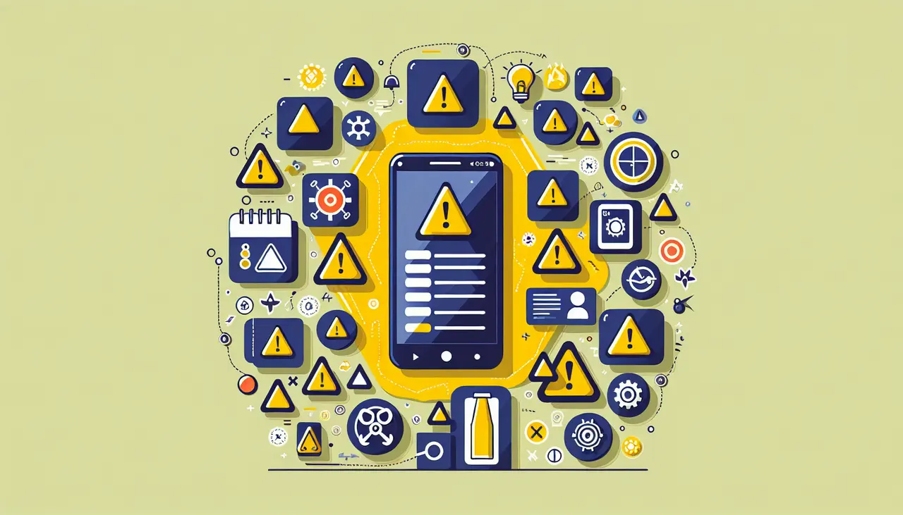 Draw a graphic in flat design style. Flat design style illustration of a smartphone with warning icons around it, symbolizing app development pitfalls, on a plain background.