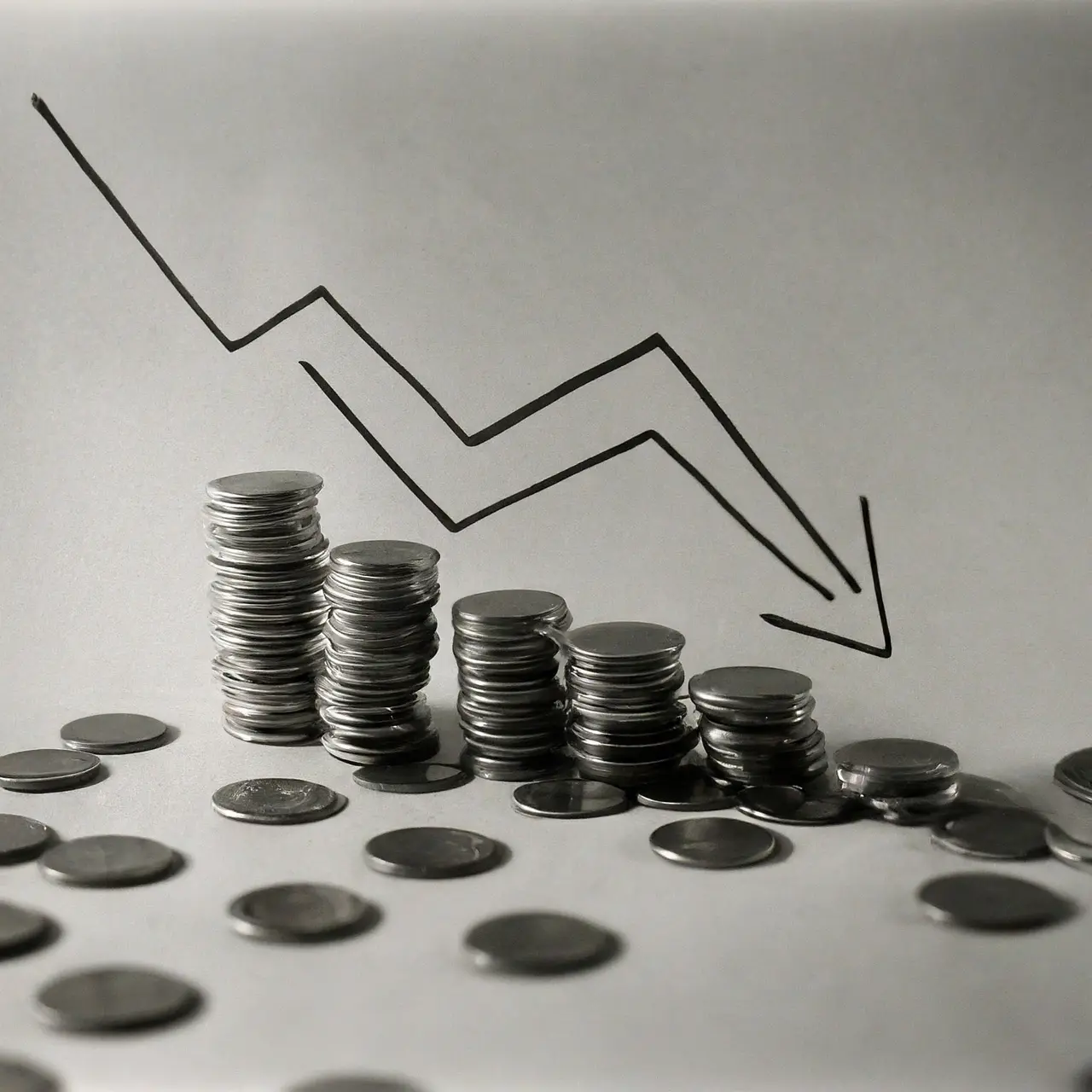 A graph with declining arrows and scattered coins. 35mm stock photo