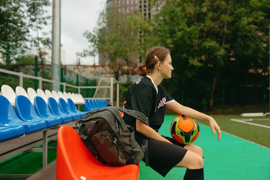 A female soccer player in black uniform sitting on a bench with a ball on a sunny day.