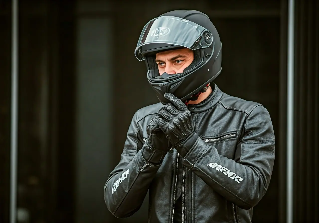 A motorcyclist adjusting their helmet and gloves. 35mm stock photo